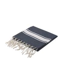 Fouta rayé à franges St Tropez, 100 % coton, Bleu foncé, blanc, larg. 100 x long. 200 cm