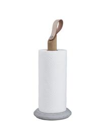 Portarrollos de cocina de madera de roble Grab, Barra: madera de roble, Correa: cuero, Madera clara, gris, Ø 15 x Al 32 cm