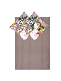 Baumwollsatin-Bettwäsche Fleur mit Blumen-Muster, Webart: Satin Fadendichte 209 TC,, Vorderseite: Taupe, Weiß, Gelb; Rückseite: Taupe, 135 x 200 cm + 1 Kissen 80 x 80 cm