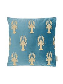 Haftowana poduszka z aksamitu z wypełnieniem Lobster, 100% aksamit, Niebieski, odcienie złotego, S 45 x D 45 cm