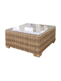 Garten-Couchtisch Saba aus Polyratten, Korpus: Polyrattan, UV-beständig, Gestell: Aluminium, Beine: Akazienholz, massiv, Tischplatte: Glas, Braun, 80 x 38 cm