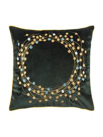 Fluwelen kussenhoes Circle met geborduurd wintermotief, Polyester fluweel, Donkergroen, goudkleurig, 45 x 45 cm