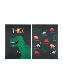 Komplet plakatów Dinosaur, 2 elem., Druk cyfrowy na papierze, 200 g/m², Zielony, szary, żółty, czerwony, niebieski, S 31 x W 41 cm