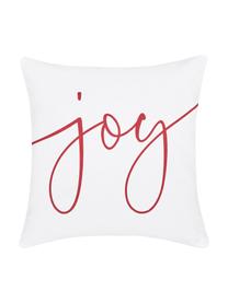 Kissenhülle Joy mit Schriftzug in Weiss-Rot, Baumwolle, Weiss, Rot, 40 x 40 cm
