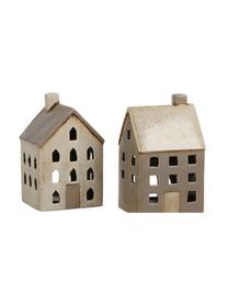 Set de portavelas Houses, 2 pzas., Cerámica, Beige, gris pardo, Al 215 cm