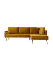 Sofa narożna z aksamitu z nogami z drewna dębowego Saint (3-osobowa), Tapicerka: aksamit (poliester) Dzięk, Musztardowy aksamit, S 243 x G 220 cm