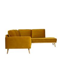 Sofa narożna z aksamitu z nogami z drewna dębowego Saint (3-osobowa), Tapicerka: aksamit (poliester) Dzięk, Musztardowy aksamit, S 243 x G 220 cm