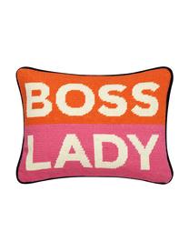 Malý ručne vyšívaný vankúš Boss Lady, Oranžová, biela, ružová, tmavomodrá, Š 23 x D 30 cm