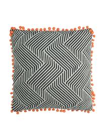 Kussen Waves met oranje pompoms, met vulling, Polyester, Zwart, gebroken wit, oranje, 45 x 45 cm