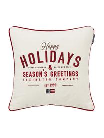 Geborduurde fluwelen kussenhoes Happy Holidays, Katoenfluweel, Wit, rood, 50 x 50 cm