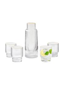 Handgemaakte drinkset Minna met gegroefd reliëf en gouden rand, 5-delig, Mondgeblazen glas, Transparant met goudkleurige rand, Ø 10 x H 25 cm