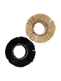 Rundes, handgeknüpftes Wandspiegel-Set Mamesa, 2-tlg., Rahmen: Metall, Stroh, Spiegelfläche: Spiegelglas, Schwarz, Beige, Ø 25 cm