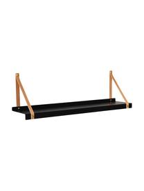 Wandplank Shelfie, Plank: gepoedercoat metaal, Riemen: leer, Zwart, bruin, B 75 x D 15 cm