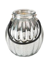 Windlicht Tubby aus verspiegeltem Glas, Windlicht: Glas, lackiert, Griff: Kunstleder, Silberfarben, Schwarz, Ø 22 x H 25 cm