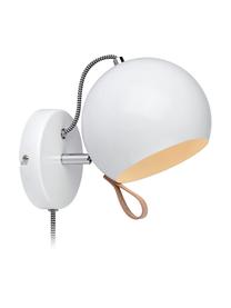 Wandlamp Ball, Lamp: staal, gecoat, Lamp binnenzijde en buitenzijde: wit. Snoer: zwart, wit. Lus: bruin, 21 x 19 cm