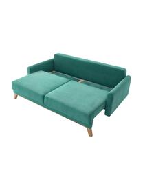 Sofa rozkładana z aksamitu z miejscem do przechowywania Balio (3-osobowa), Tapicerka: 100% aksamit poliestrowy , Nogi: drewno naturalne, Szmaragdowy aksamit, S 216 x G 102 cm