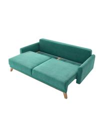 Divano letto 3 posti in velluto con contenitore Balio, Rivestimento: 100% velluto di poliester, Piedini: Legno, Tessuto verde smeraldo, legno di faggio, legno chiaro, Larg. 216 x Alt. 102 cm