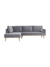 Sofa narożna z aksamitu z nogami z drewna dębowego Saint (3-osobowa), Tapicerka: aksamit (poliester) Dzięk, Szary aksamit, S 243 x G 220 cm