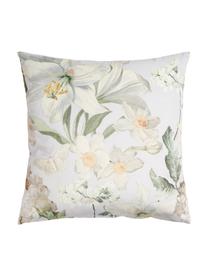 Coussin en velours imprimé floral Rosalee, Gris clair, blanc, tons verts et beige