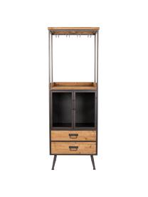 Weinregal Damian aus Holz und Metall, Schrank, Schubladen: TannenholzGestell, Griffe, Weinglashalter: Grau, 60 x 171 cm