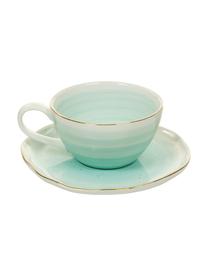 Set tazza e piattino fatti a mano con bordo dorato Bella 2 pz, Porcellana, Blu turchese, Ø 10 x Alt. 6 cm