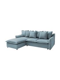 Divano letto angolare in tessuto blu grigio con contenitore Mona, Rivestimento: 100% poliestere idrorepel, Struttura: legno, truciolato, Piedini: plastica, Blu grigio, Larg. 230 x Prof. 170 cm