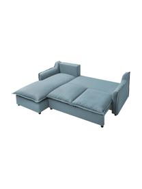 Divano letto angolare in tessuto blu grigio con contenitore Mona, Rivestimento: 100% poliestere idrorepel, Struttura: legno, truciolato, Piedini: plastica, Blu grigio, Larg. 230 x Prof. 170 cm