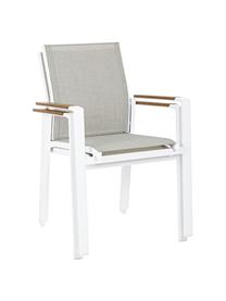 Silla con reposabrazos de exterior apilable Kubik, Estructura: aluminio con pintura en p, Asiento: textil, Reposabrazos: madera contrachapada recu, Blanco, greige, madera, An 57 x F 62 cm