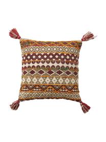 Ethno kussenhoes Mahesana met kwastjes, 100% katoen, Beige, rood, geel, groen, 45 x 45 cm