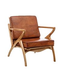 Poltroncina in pelle marrone Lola, Struttura: legno di teak, Piedini: legno di teak, Pelle marrone, Larg. 75 x Prof. 60 cm