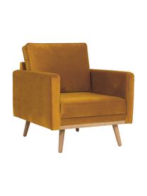 Fluwelen fauteuil Saint in mosterdgeel met eikenhouten poten, Bekleding: fluweel (polyester), Frame: massief eikenhout, spaanp, Fluweel mosterdgeel, B 85 x D 76 cm