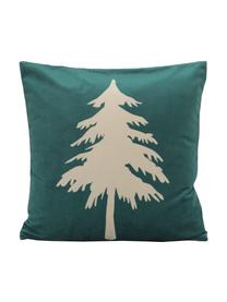 Fluwelen kussenhoes Christmas Tree in donkergroen, Polyesterfluweel, Groen, beige, 45 x 45 cm