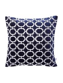 Geborduurde fluwelen kussenhoes Simone, 100% polyester fluweel, Donkerblauw, gebroken wit, 45 x 45 cm