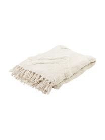 Plaid blanc écru coton bohème Akesha, 100 % coton, Couleur crème, larg. 130 x long. 170 cm