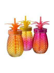 Drinkglazen Pineapples met deksel en rietje, 3-delig, Drinkglas: glas, Deksel: metaal, Rietje: kunststof, Roze, oranje, geel, Ø 9 x H 14 cm