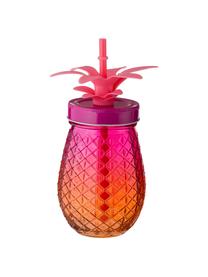 Trinkgläser Pineapples mit Deckel und Strohhalm, 3er-Set, Trinkglas: Glas, Deckel: Metall, Strohhalm: Kunststoff, Pink, Orange, Gelb, Ø 9 x H 14 cm