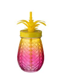 Drinkglazen Pineapples met deksel en rietje, 3-delig, Drinkglas: glas, Deksel: metaal, Rietje: kunststof, Roze, oranje, geel, Ø 9 x H 14 cm