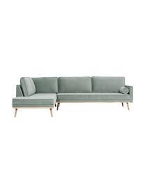 Sofa narożna z aksamitu z nogami z drewna dębowego Saint (4-osobowa), Tapicerka: aksamit (poliester) Dzięk, Szałwiowozielona tkanina, S 294 x G 220 cm