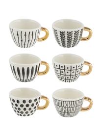 Gemusterte Espressotassen Masai mit goldenem Griff, 6er-Set, Steingut, Schwarz, Weiss, Goldfarben, Ø 7 x H 5 cm