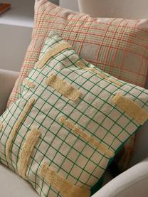 Housse de coussin à carreaux et détails décoratifs Wade, 100 % coton, Couleur crème, vert, larg. 40 x long. 40 cm