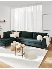 Sofa narożna z aksamitu z metalowymi nogami Luna, Tapicerka: aksamit (poliester) Dzięk, Nogi: metal galwanizowany, Ciemnozielony aksamit, S 280 x G 184 cm, lewostronna