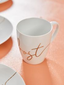 Tazas de porcelana Cheers, 4 uds., Porcelana, Blanco, latón brillante, Ø 9 x Al 10 cm, 380 ml