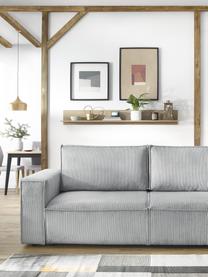 Divano letto 3 posti in velluto a coste grigio chiaro con contenitore Nihad, Rivestimento: corda di poliestere, Sottostruttura: legno, molle Nosag, Piedini: plastica, Velluto grigio chiaro, nero, Larg. 245 x Prof. 102 cm