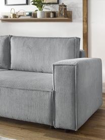 Divano letto 3 posti in velluto a coste grigio chiaro con contenitore Nihad, Rivestimento: corda di poliestere, Sottostruttura: legno, molle Nosag, Piedini: plastica, Velluto grigio chiaro, nero, Larg. 245 x Prof. 102 cm