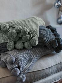 Strickdecke Molly mit Pompoms in Salbeigrün, 100% Baumwolle, Salbeigrün, B 130 x L 170 cm