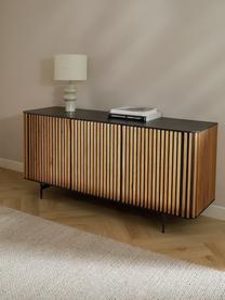 Credenza di design con ante e finitura in legno di quercia Linea, Piedini: metallo verniciato, Nero, legno di quercia, Larg. 159 x Alt. 74 cm