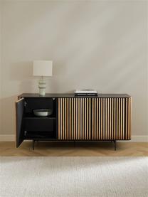 Credenza di design con ante e finitura in legno di quercia Linea, Piedini: metallo verniciato, Nero, legno di quercia, Larg. 159 x Alt. 74 cm