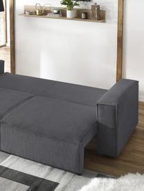 Sofa rozkładana ze sztruksu z miejscem do przechowywania Nihad (3-osobowa), Tapicerka: sztruks poliestrowy, Nogi: tworzywo sztuczne, Ciemny szary, S 245 x G 102 cm
