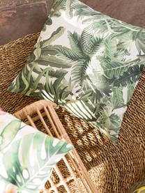 Housse de coussin d'extérieur imprimé palmiers Manus, 100 % Dralon® polyacrylique, Tons verts, couleur crème, larg. 50 x long. 50 cm