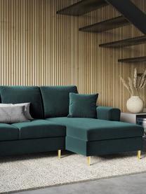 Divano letto angolare 4 posti in velluto con contenitore Moghan, Rivestimento: 100% velluto di poliester, Struttura: legno di pino massiccio, , Piedini: metallo rivestito, Velluto verde, ottonato, Larg. 241 x Prof. 145 cm, chaise-longue a destra